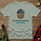 Light gray t-shirt with "VACATION MODE: ENGAGED" and a hard hat icon.