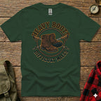 Green t-shirt with "Heavy Boots Difficult Miles" and boot graphic.