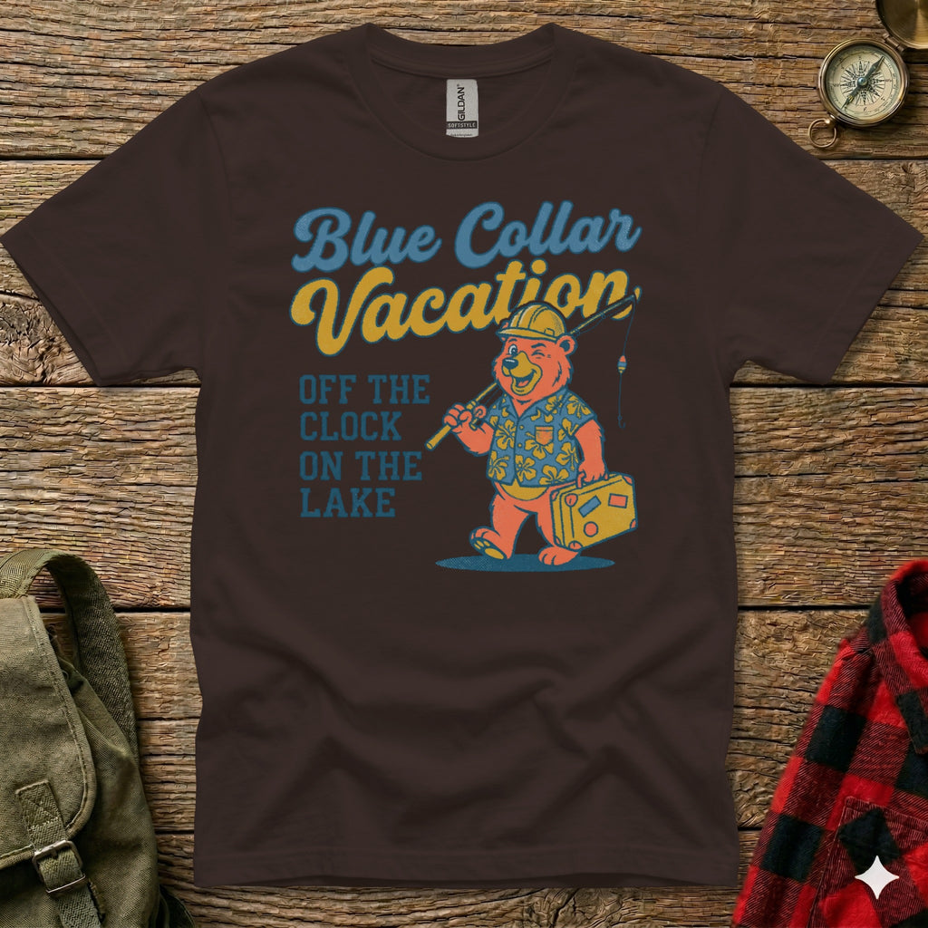 Brown t-shirt with cartoon bear and text "Blue Collar Vacation Off The Clock On The Lake".