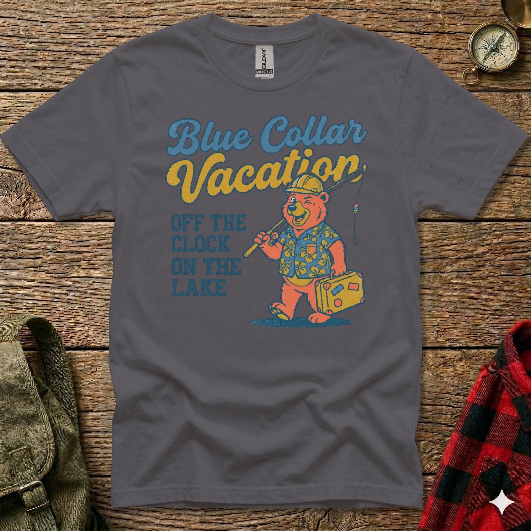Blue Collar Vacation graphic tee with bear fishing, man fishing, man walking.