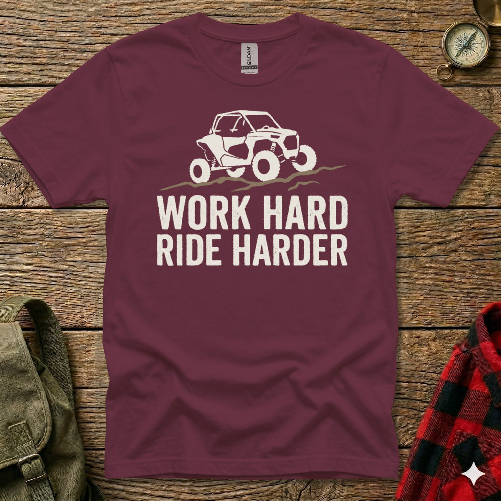 Maroon t-shirt with white graphic of an off-road vehicle and text "WORK HARD RIDE HARDER".