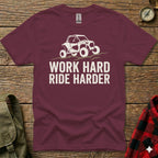 Maroon t-shirt with white graphic of an off-road vehicle and text "WORK HARD RIDE HARDER".