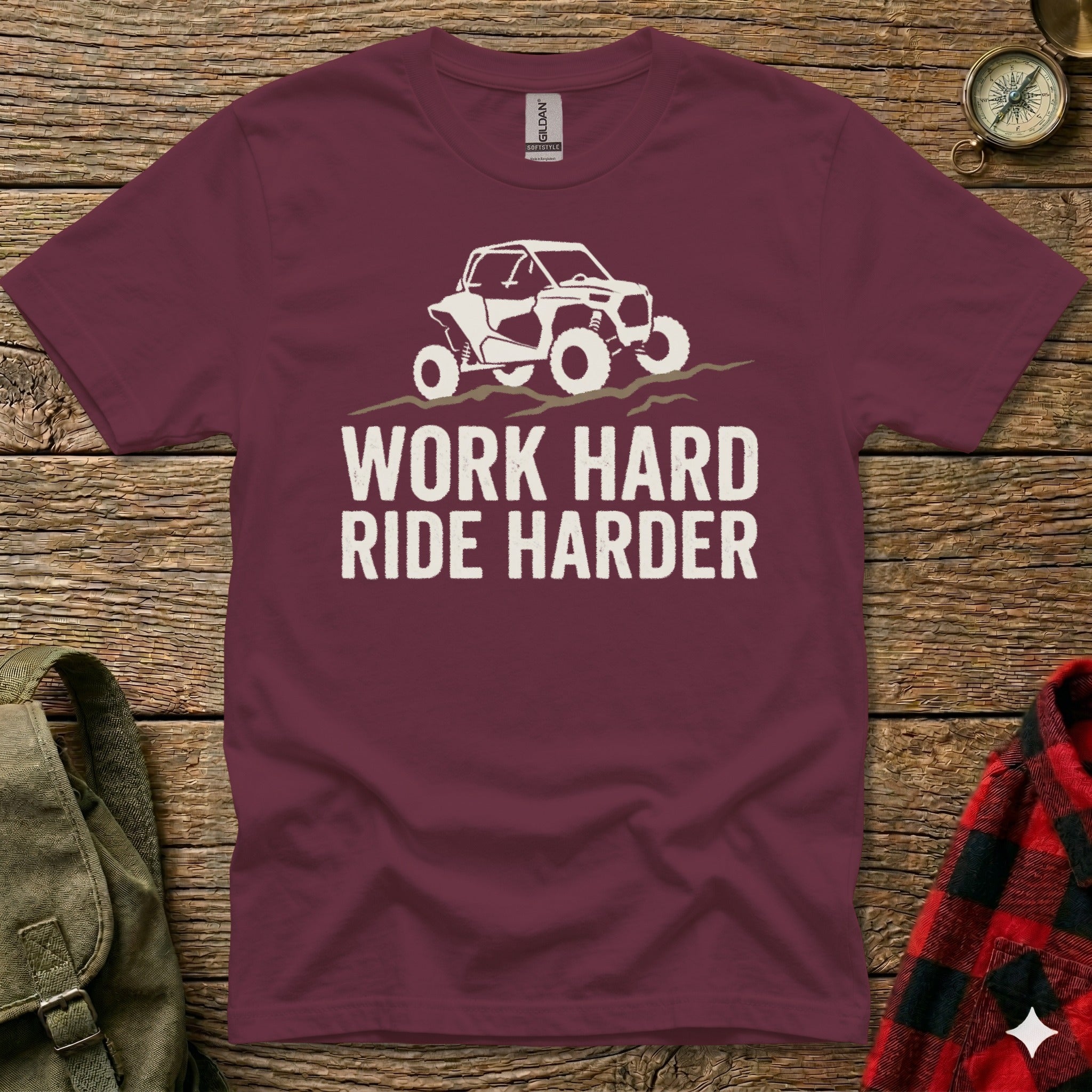 Maroon t-shirt with white graphic of an off-road vehicle and text "WORK HARD RIDE HARDER".