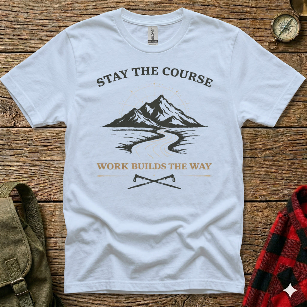 White t-shirt with mountain path graphic and "Stay the Course" text.