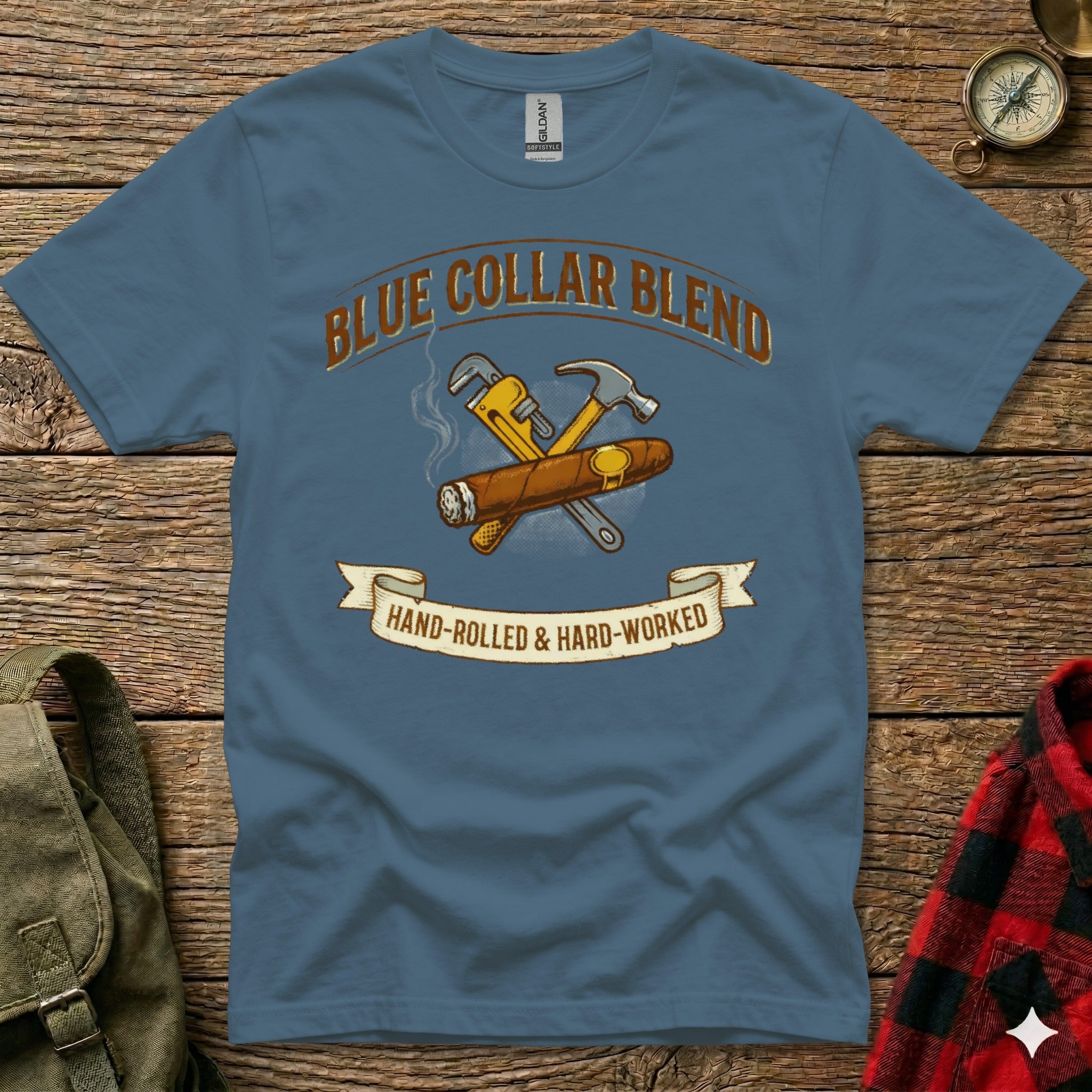 Blue Collar Blend t-shirt with cigar, wrench, and hammer graphic.