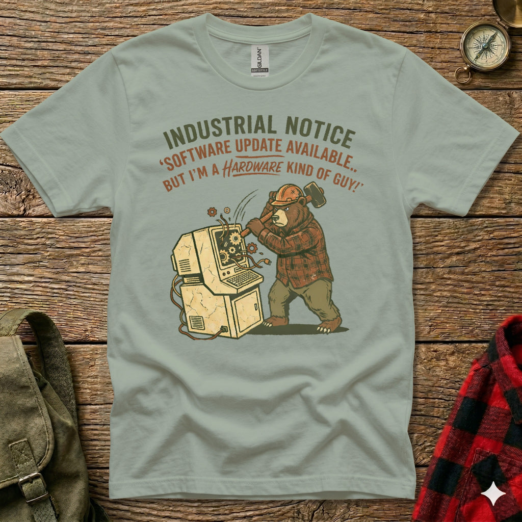 Bear with hammer attacking computer, "Software update available... But I'm a hardware kind of guy!"
