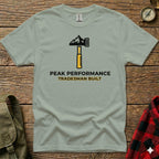 Gray t-shirt with "Peak Performance Tradesmen Built" and a hammer logo.