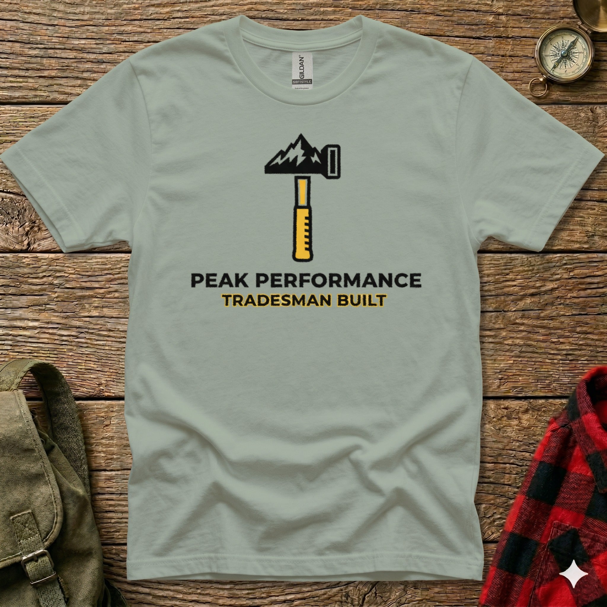 Gray t-shirt with "Peak Performance Tradesmen Built" and a hammer logo.