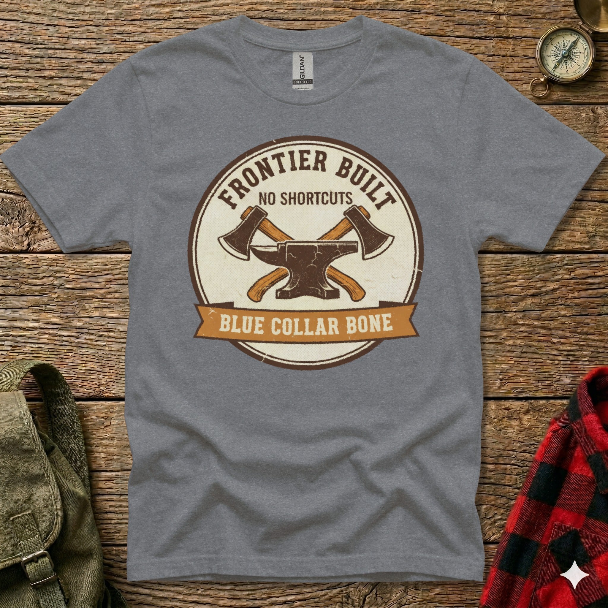 Gray t-shirt with "Frontier Built, No Shortcuts, Blue Collar Bone" emblem.