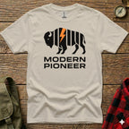 T-shirt with black buffalo and lightning bolt logo over "MODERN PIONEER" text.