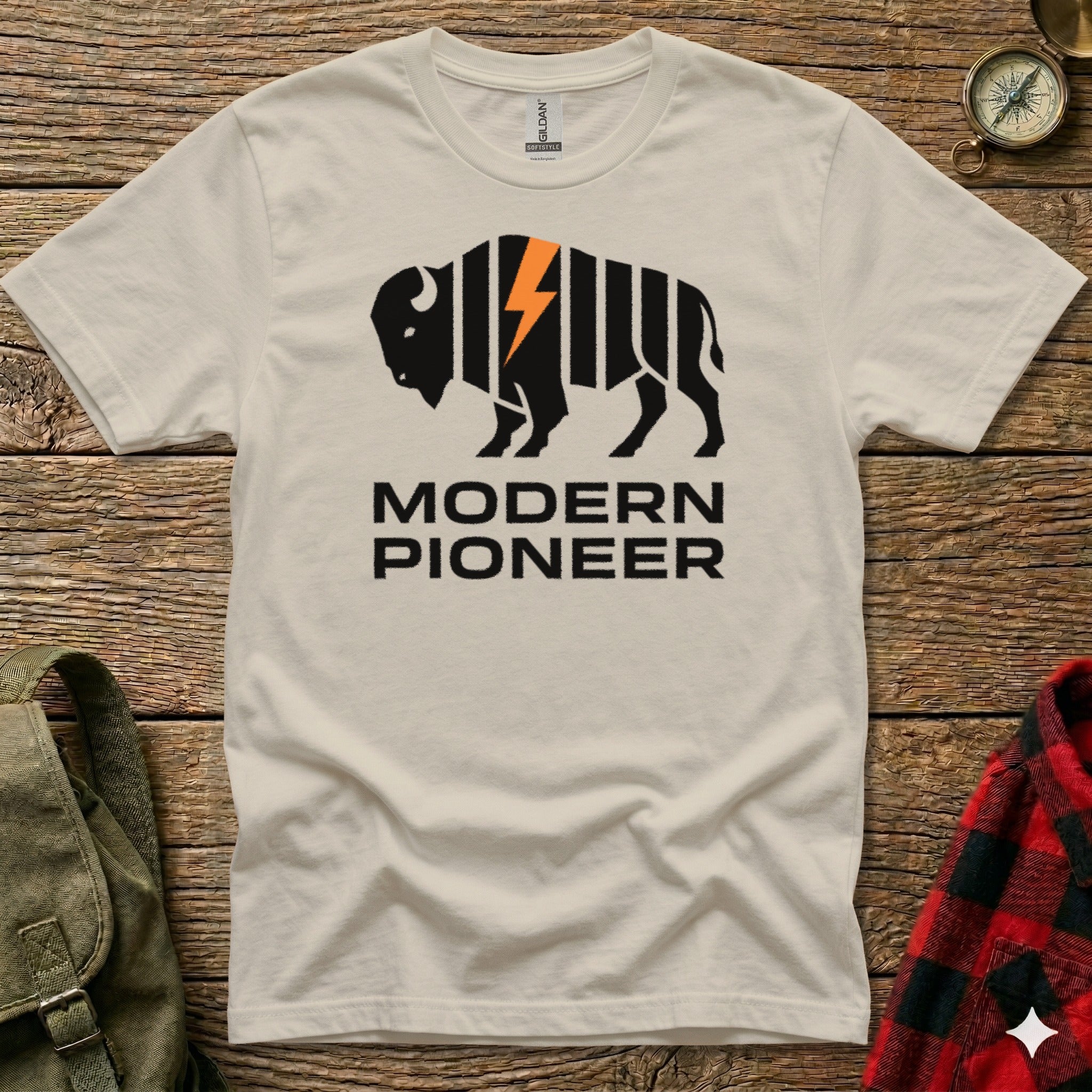 T-shirt with black buffalo and lightning bolt logo over "MODERN PIONEER" text.