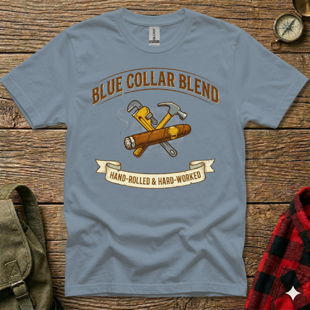 Blue Collar Blend t-shirt with hammer, wrench, and cigar illustration.