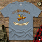Blue Collar Blend t-shirt with hammer, wrench, and cigar illustration.