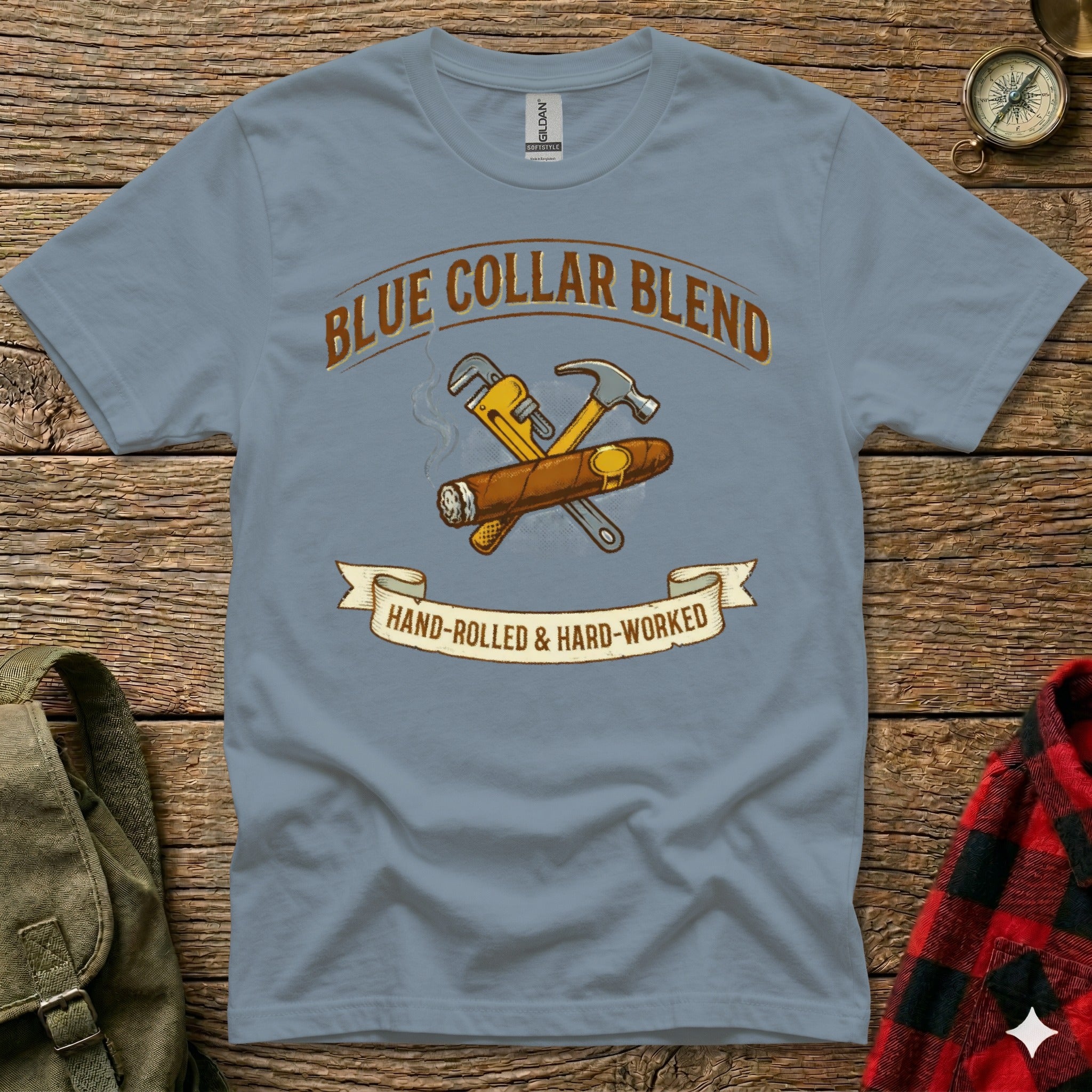 Blue Collar Blend t-shirt with hammer, wrench, and cigar illustration.