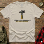 White t-shirt with "Peak Performance Tradesman Built" logo featuring a hammer.