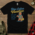 Black t-shirt with cartoon bear fishing on a lake vacation.