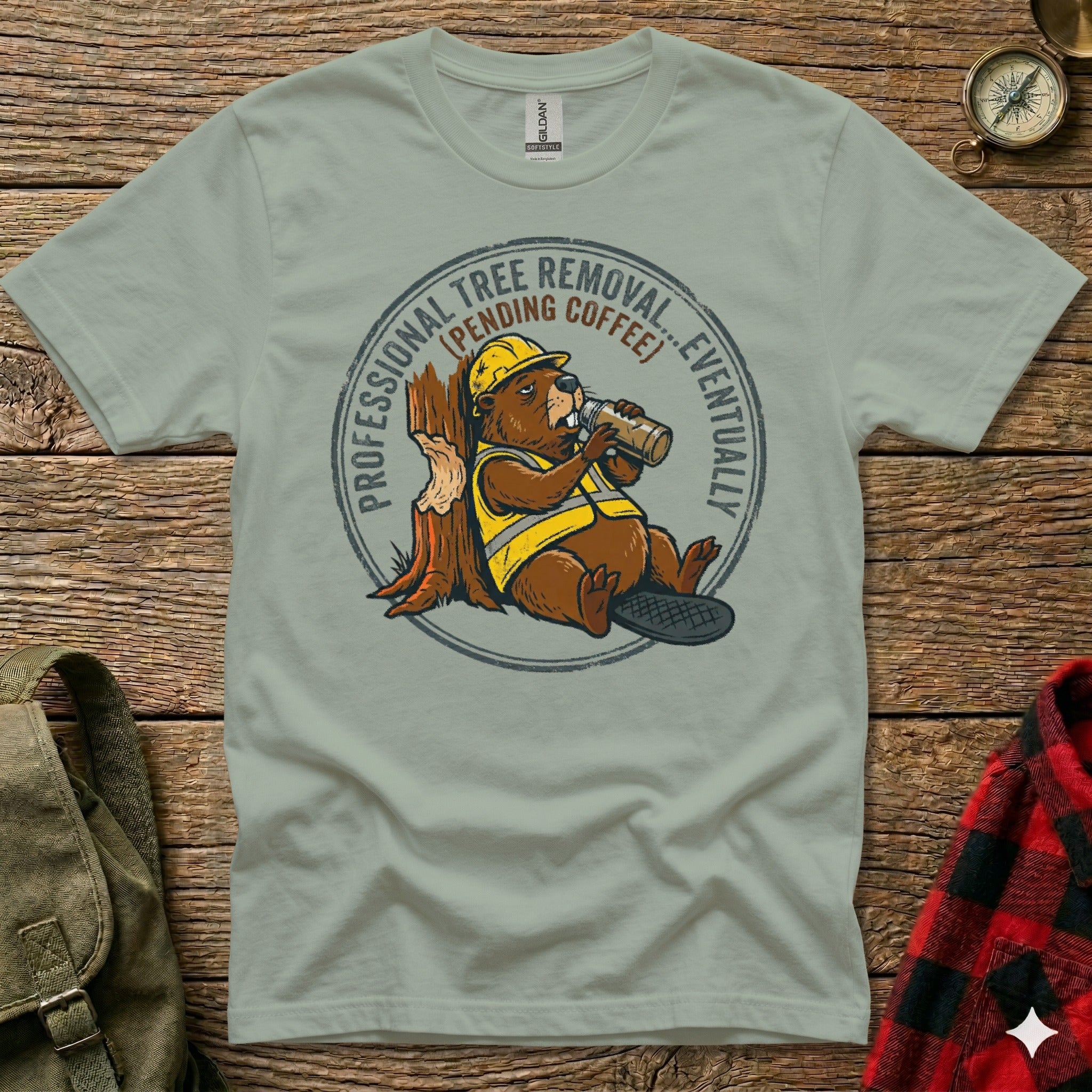 Beaver in hard hat drinks coffee with "Professional Tree Removal (Pending Coffee)" text.