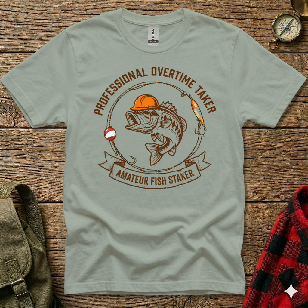 T-shirt with "PROFESSIONAL OVERTIME FISHER AMATEUR FISH STAKER" text and bass graphic.