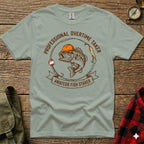 T-shirt with "PROFESSIONAL OVERTIME FISHER AMATEUR FISH STAKER" text and bass graphic.