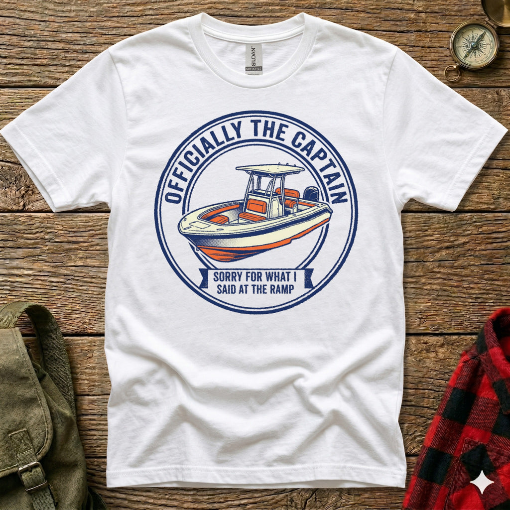 White t-shirt with blue circle graphic reading "Officially the Captain" and "Sorry for what I said at the ramp".