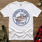 White t-shirt with blue circle graphic reading "Officially the Captain" and "Sorry for what I said at the ramp".