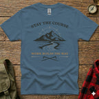 Blue t-shirt with mountain, road, and compass graphic, and text "STAY THE COURSE" and "WORK BUILDS THE WAY".