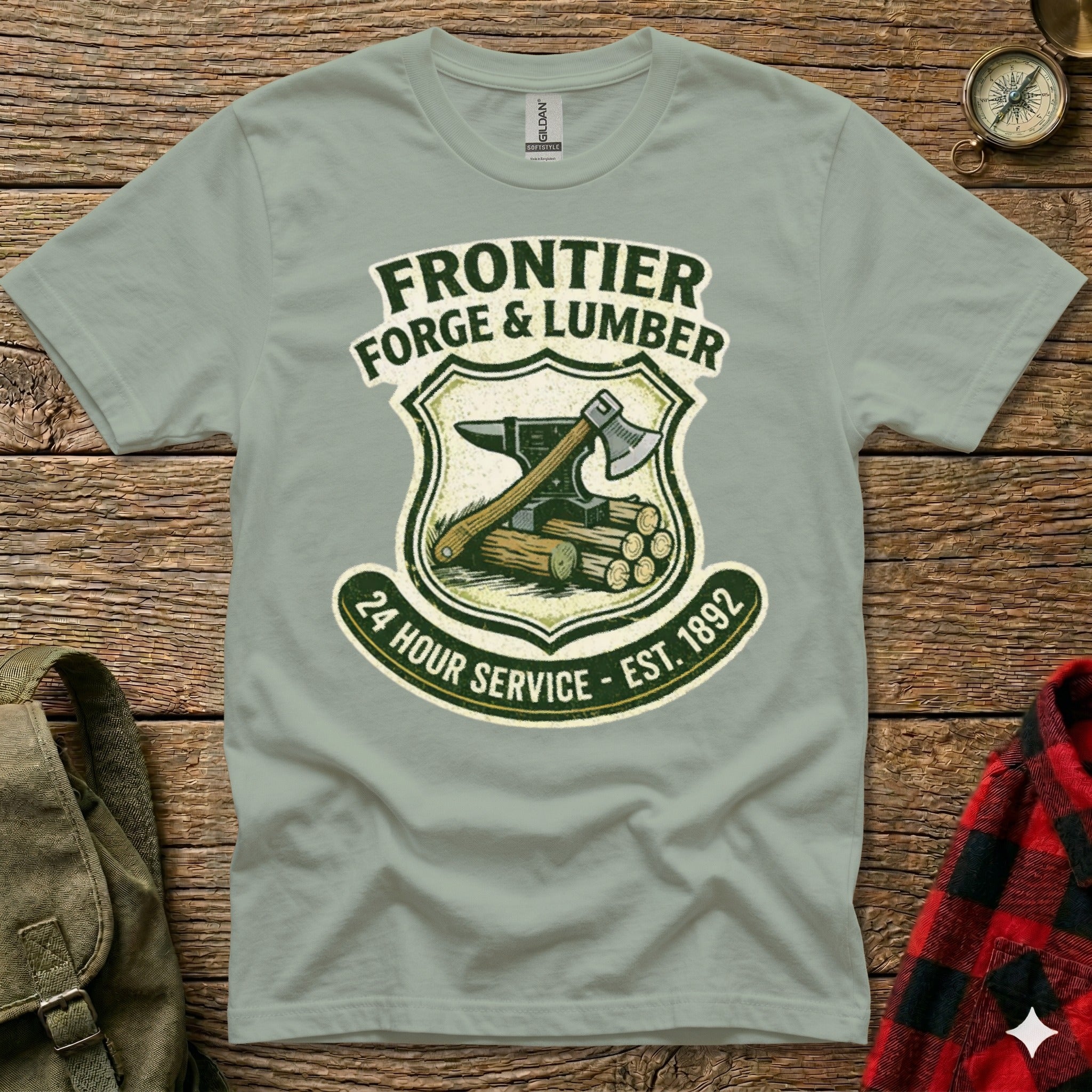 Frontier Forge & Lumber emblem with axe and anvil, est. 1892.