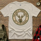 Cream t-shirt with "Ash & Timber Guild Est. in the Garage" circular logo featuring a stag.