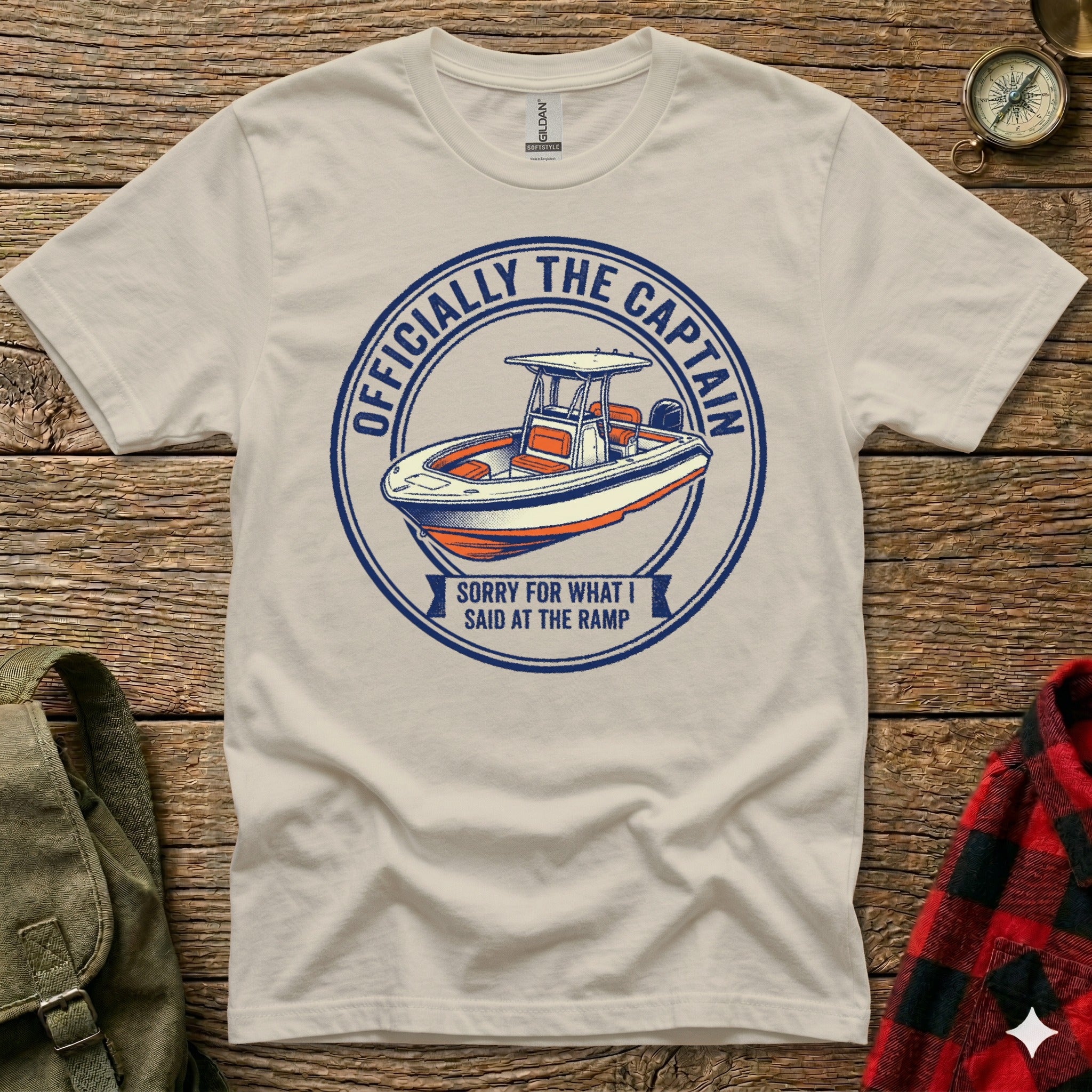 T-shirt with a circular graphic about boating and the captain.