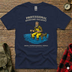 Navy t-shirt with "Professional Overtime Escapist Doing Unprofessional Things" text and illustration.