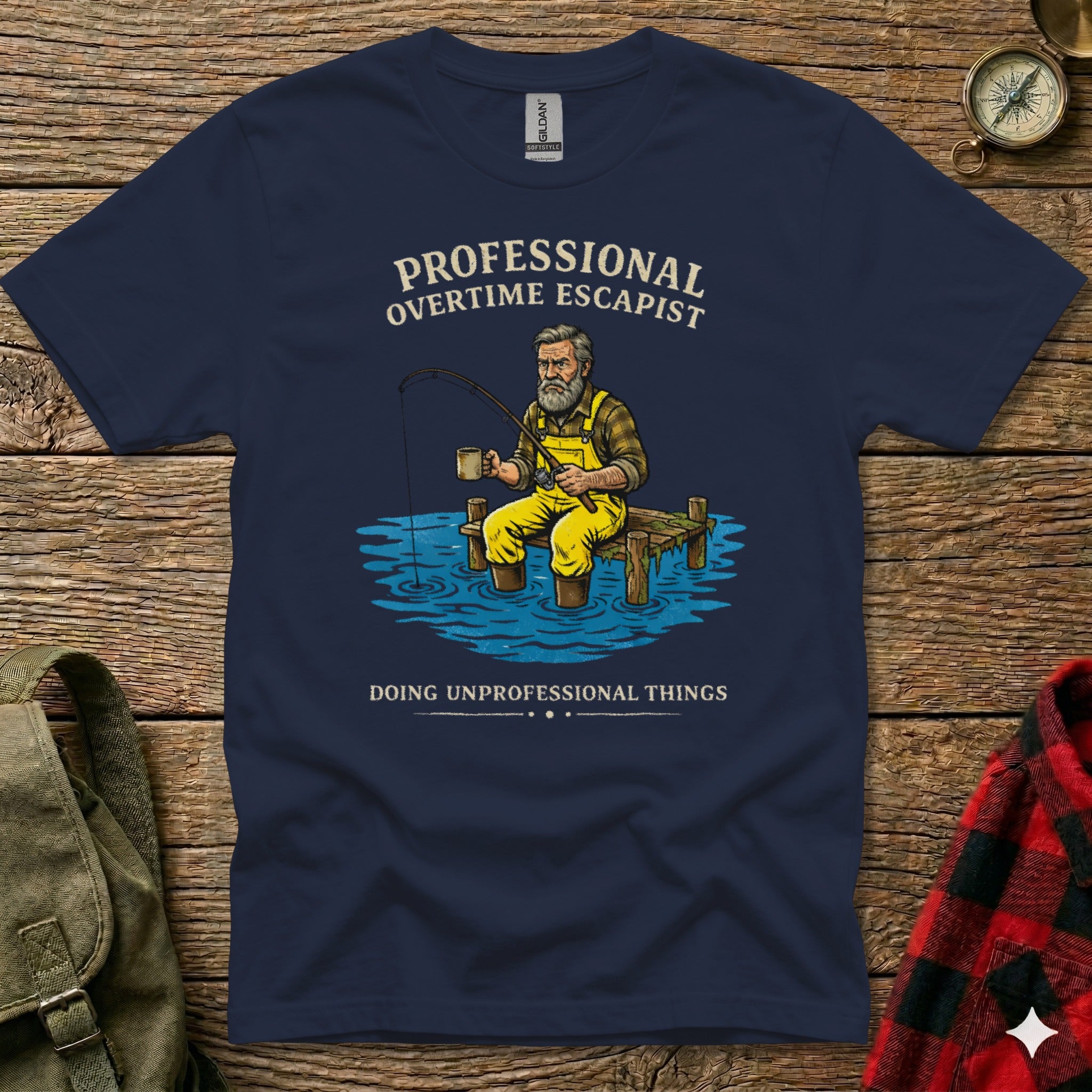 Navy t-shirt with "Professional Overtime Escapist Doing Unprofessional Things" text and illustration.