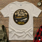 T-shirt graphic with yellow text "Livin' on the Blue Collar Dollar" and a boat.