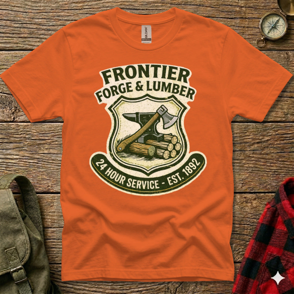 Orange t-shirt with "Frontier Forge & Lumber" logo featuring an anvil and axe.