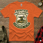 Orange t-shirt with "Frontier Forge & Lumber" logo featuring an anvil and axe.