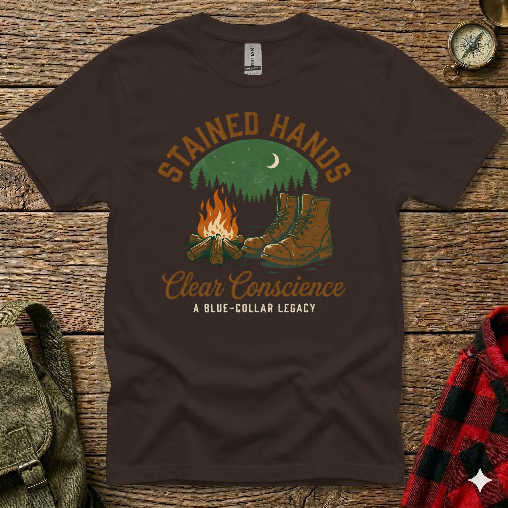 Brown t-shirt with "Stained Hands Clear Conscience A Blue-Collar Legacy" text.