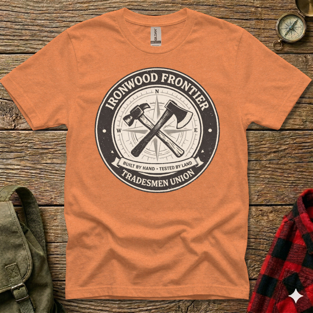 Orange t-shirt with "Ironwood Frontier Tradesmen Union" circular logo.