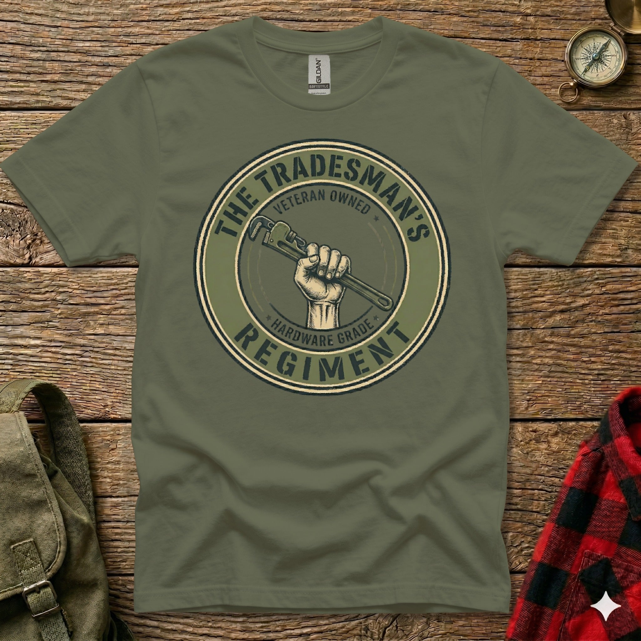 Green t-shirt with "The Tradesman's Hardware Grade Regiment" logo and wrench graphic.