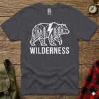 Dark gray t-shirt with a white geometric bear and forest design and the word WILDERNESS.