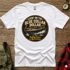 White t-shirt with "Livin' On The Blue Collar Dollar" and boat graphic.
