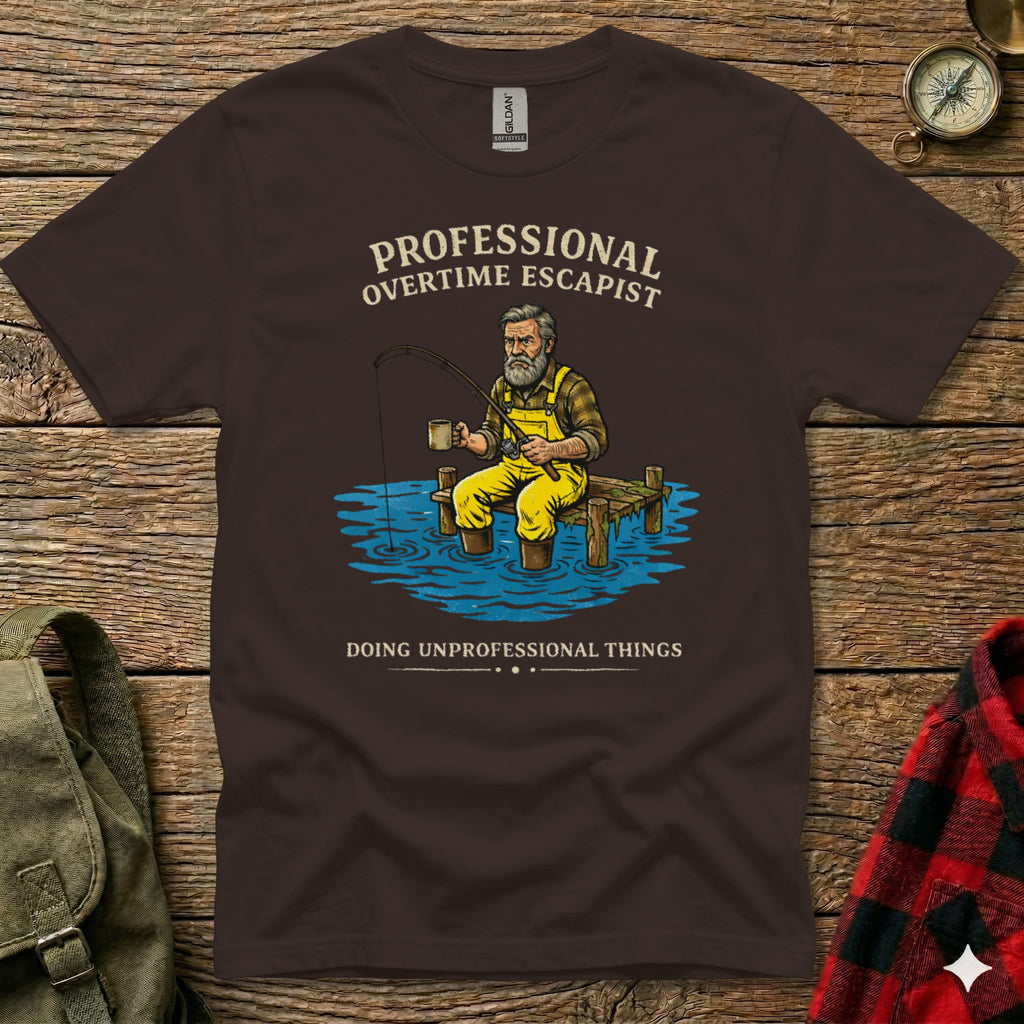 Brown t-shirt with graphic of fisherman on dock, "Professional Overtime Escapist" text.