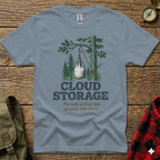 Gray t-shirt with "Cloud Storage" text and illustration of food bag hanging from tree.