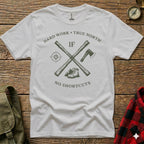 White t-shirt with "Hard Work True North" and crossed axe and shovel graphic.