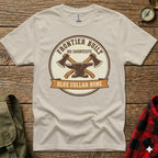 Cream t-shirt with "Frontier Built No Shortcuts Blue Collar Bone" logo featuring axes.