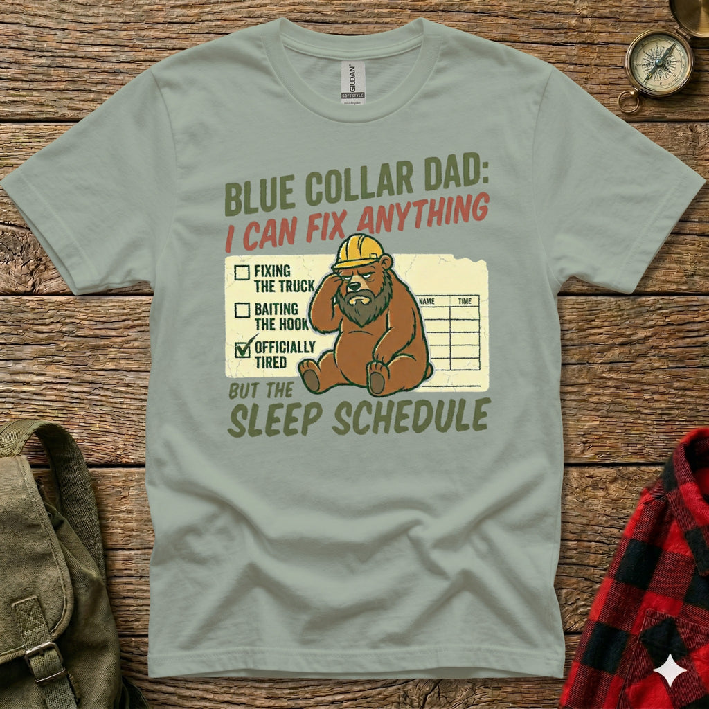 T-shirt with "Blue Collar Dad: I Can Fix Anything" and bear graphic.