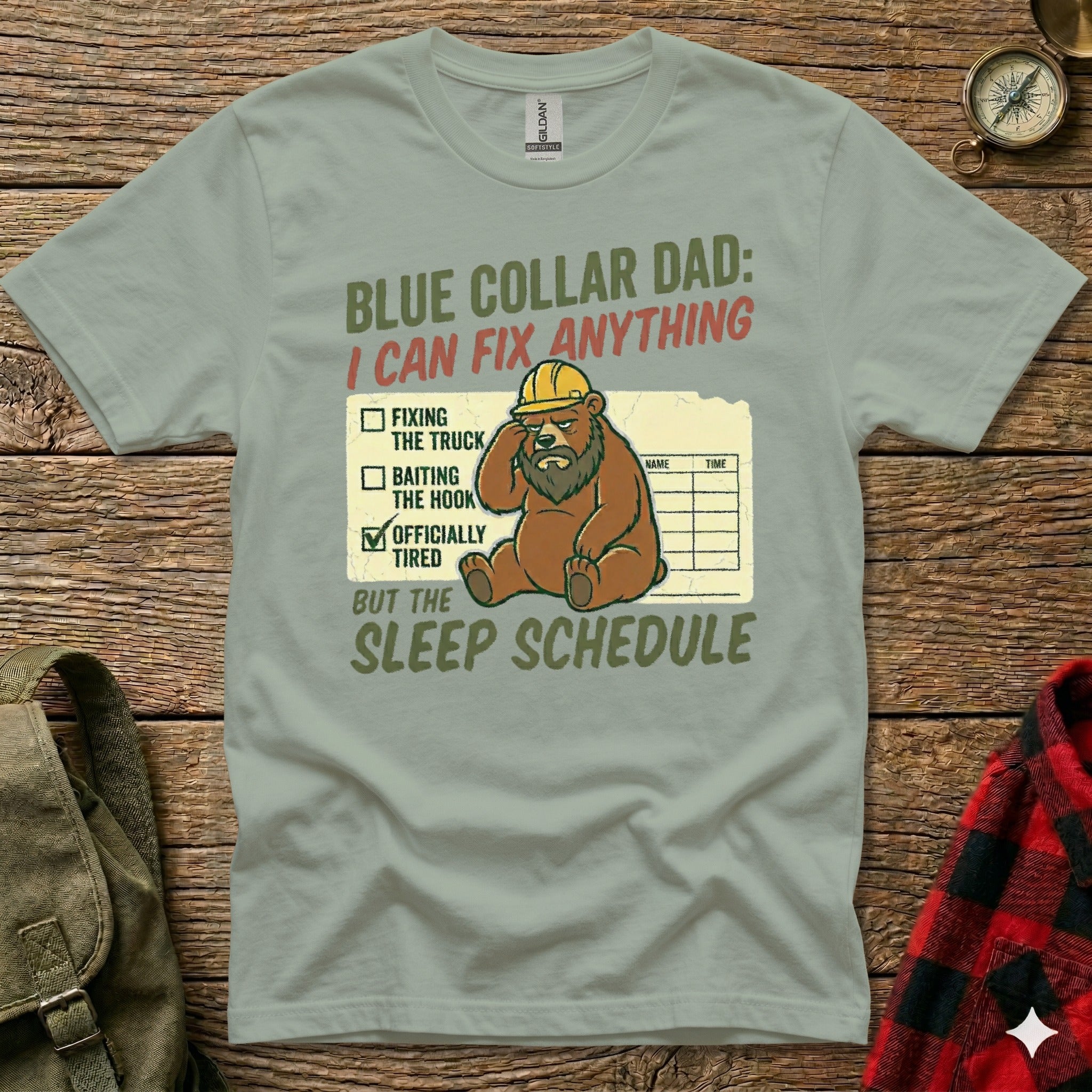 T-shirt with "Blue Collar Dad: I Can Fix Anything" and bear graphic.