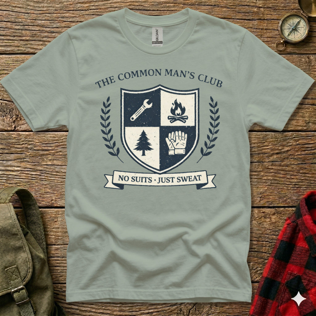 Gray t-shirt with "The Common Man's Club" crest and "No Suits, Just Sweat" banner.