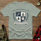 Gray t-shirt with "The Common Man's Club" crest and "No Suits, Just Sweat" banner.