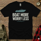 Black t-shirt with "BOAT MORE WORRY LESS" text and boat graphic.