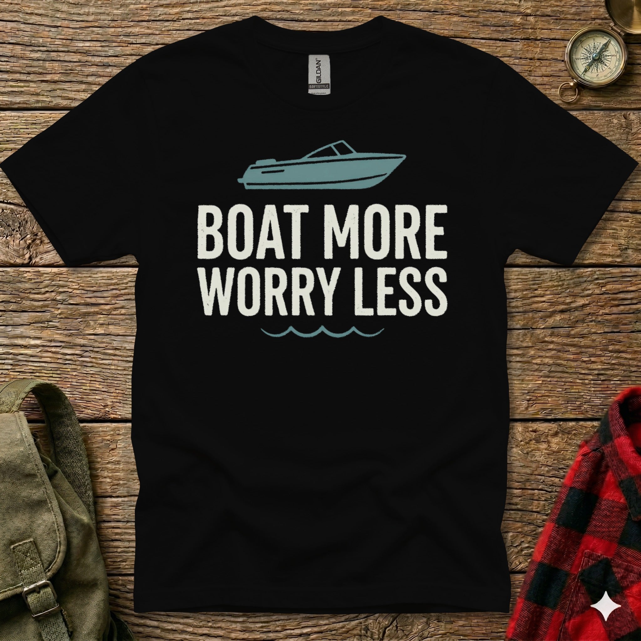 Black t-shirt with "BOAT MORE WORRY LESS" text and boat graphic.