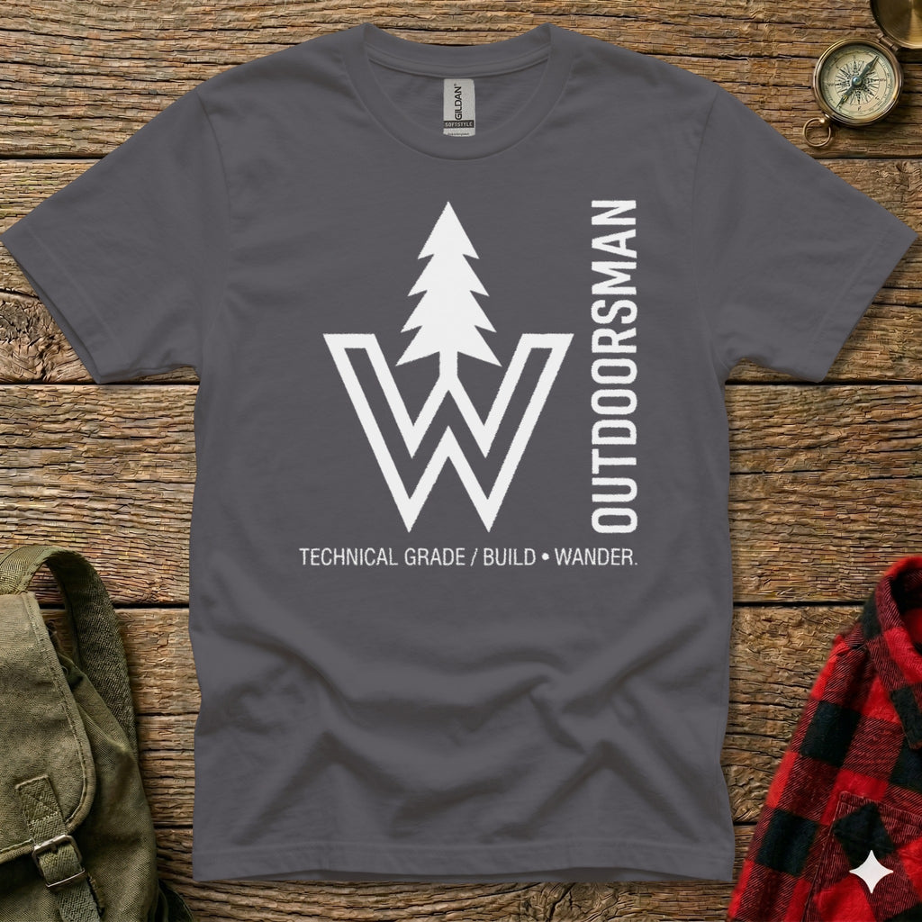 Grey t-shirt with white "W" logo, "OUTDOORSMAN" text, and tagline.